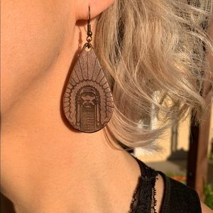 Chief Illiniwek Walnut Tear Drop Shaped Earrings